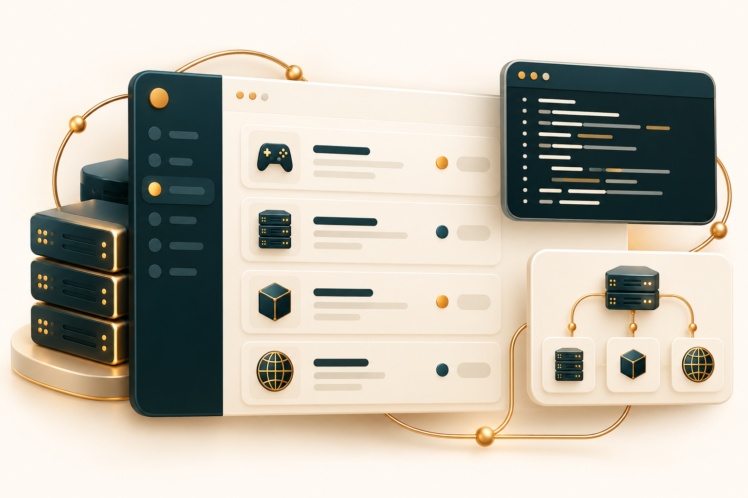 Illustration d’un espace de gestion réunissant serveurs de jeu, VPS et applications
